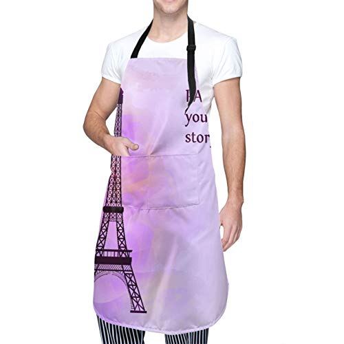 NOLOVVHA Ajustable Colgante de Cuello Personalizado Delantal Impermeable,Acuarela Torre Eiffel en colorido símbolo de amor y romance Edificio de trama,Babero de Cocina Vestido con 2 Bolsillos