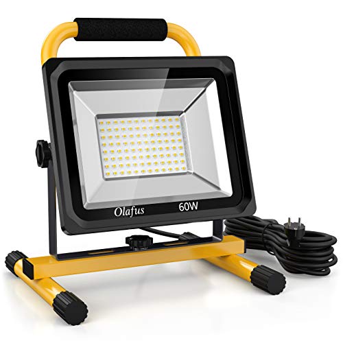 Olafus 60W Foco Trabajo LED 6000LM Súper Brillo, 2 Modos de Brillo Ajustables, Focos LED Exterior IP65 Impermeable, Luz de Trabajo 220V 5000K Blanco Frío, Floodlight LED Soporte Ajustable, Taller