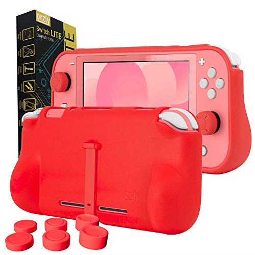 Orzly Funda para la Nintendo Switch Lite – Comfort Grip Case, Carcasa Protectora con puños de Mano Rellenos Integrados para la Parte Posterior de la Consola Switch Lite, con Soporte Plegable - Rojo