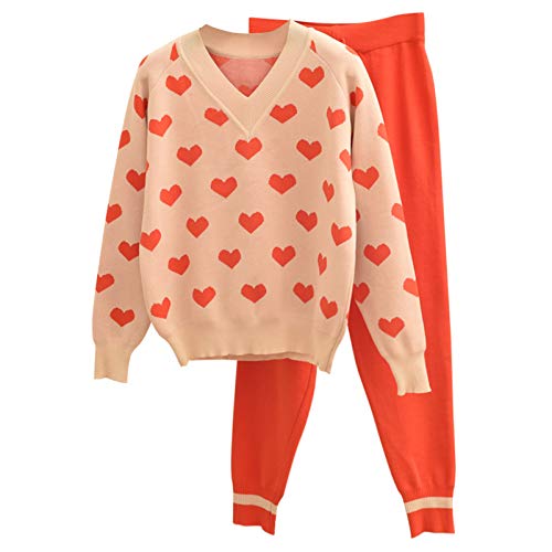 Otoño Invierno Conjunto de 2 Piezas de Punto Chándal Cuello en V Corazón Jacquard Suéteres Pantalones Trajes Coral Red One Size