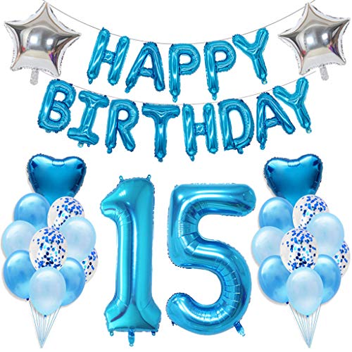 Ouceanwin 15 Cumpleaños Decoraciones Azul, Gigante Helio Globos Número 15, Bandera de Globos Happy Birthday, Globos de Confeti de Latex, 15 años Fiesta de Cumpleaños Kit para Niño Niños