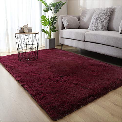 Ouduo Alfombra Pelo Largo Grande, Color sólido Lujosa Shaggy Mullida Brillante Suave Interior Moderno Lavado Sedoso Antideslizantes Peludas Alfombra de Dormitorio/Sala (Vino Rojo,200 * 300cm)