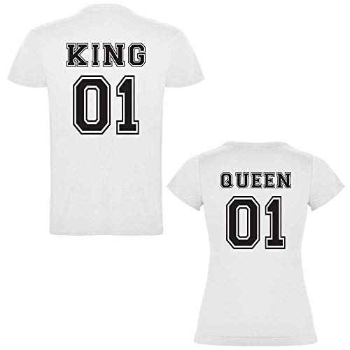 Pack de 2 Camisetas Blancas para Parejas, King 01 y Queen 01 Negro (Mujer Tamaño M + Hombre Tamaño M)