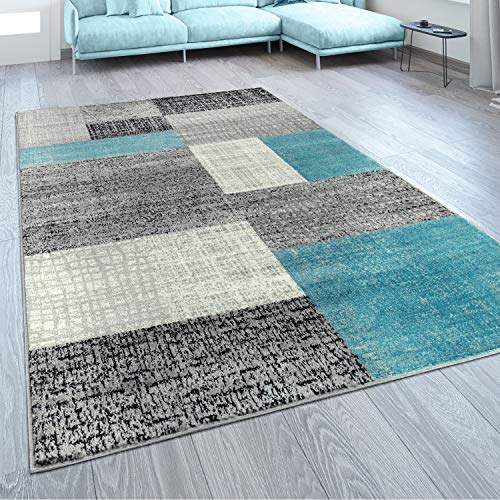 Paco Home Alfombra De Diseño A Cuadros Turquesa Gris, tamaño:80x150 cm