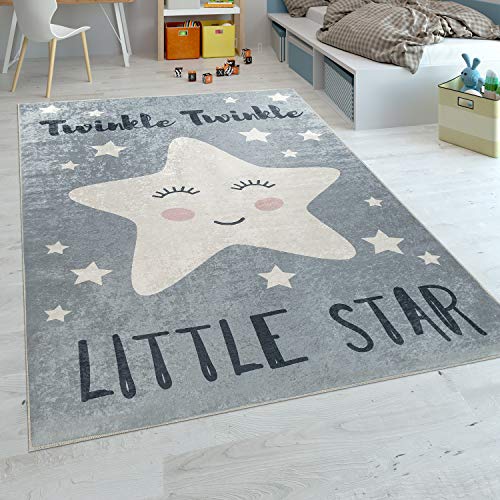 Paco Home Alfombra Habitación Infantil Moderna Lavable Estrella Adorable Frase Gris Blanco, tamaño:80x150 cm