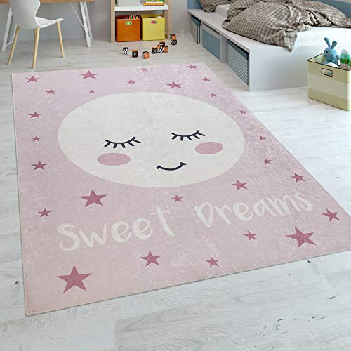 Paco Home Alfombra Habitación Infantil Niña Lavable Estrellas Luna Adorable Frase Rosa, tamaño:120x160 cm