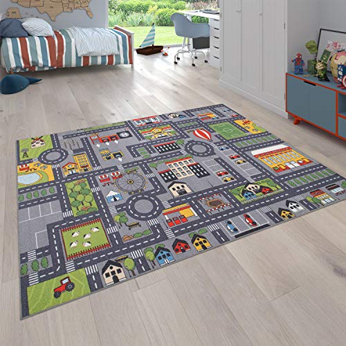 Paco Home Alfombra Infantil De Juegos Habitación Infantil Diseño De Carreteras Gris, tamaño:140x200 cm