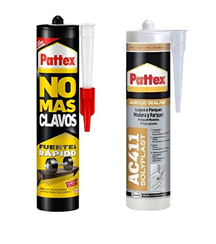 Pattex No Más Clavos, Adhesivo Blanco de Montaje, 370 g + AC411 Silicona Acrílica Madera Tipo Haya, 300 ml Pattex No Más Clavos, Adhesivo Blanco de Montaje, 370 g + AC411 Silicona Acrílica Madera Tipo Haya, 300 ml