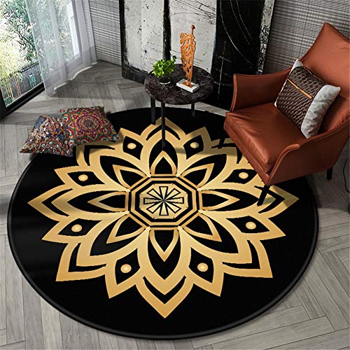 QALLP Alfombra Yute Redonda Flor Dorada Negra Bohemia Tejidas A Mano Es Fácil De Limpiar Las Manchas Cocina Sala De Estar Decoración Antideslizante Tradicional Natural Round Rug R6027 180X180Cm