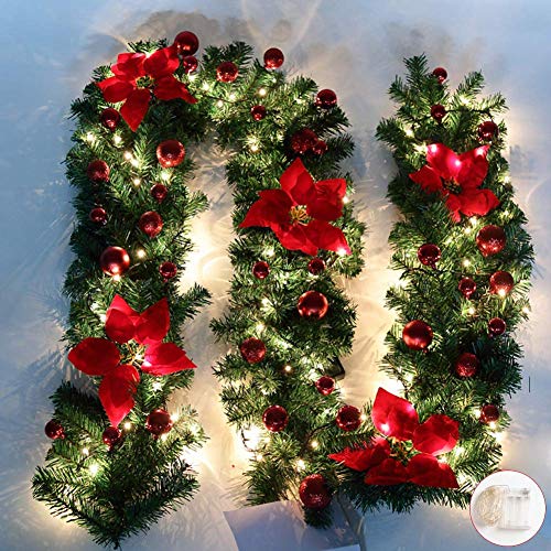 Queta Adornos Guirnalda de Navidad, Guirnalda de Abeto Decoración Navideña con Flores Lámparas Hermosas Decoración Navideña para Escaleras, Paredes, Puertas 2.7m (Rojo)