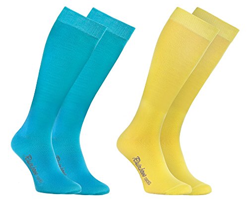 Rainbow Socks - Hombre Mujer Altos Calcetines Largos Hasta de Rodilla de Algodón - 2 Pares - Azul Amarillo - Talla 39-41