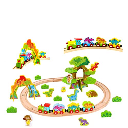 RB&G Ferrocarril de madera para niños, tren con rieles de madera, 40 piezas, diseño de dinosaurios, combinable