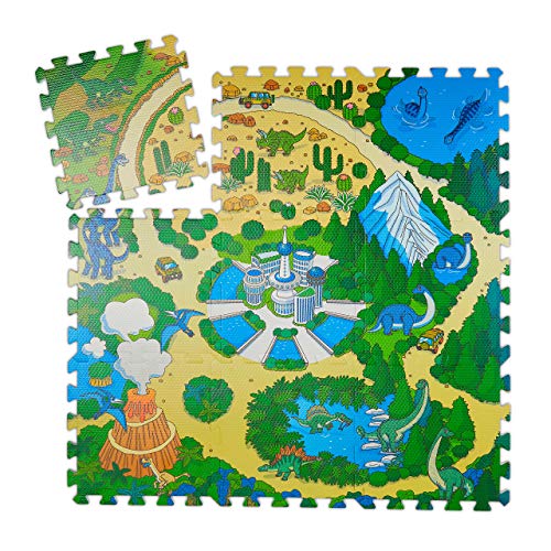 Relaxdays Alfombra de Puzzle con diseño de Dinosaurios, 9 Piezas, para niños, sin sustancias nocivas, Espuma EVA, 90 x 90 cm, Multicolor, Color carbón, 9 Stück (10031433)