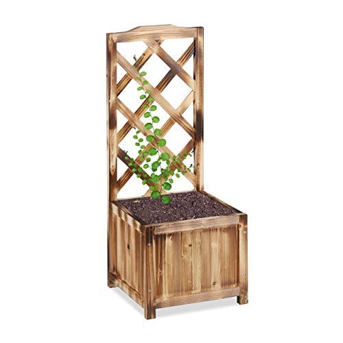 Relaxdays Enrejado de jardín, Madera, Macetero, Soporte para trepadoras, Veteado Natural, 20 L, 90 cm, M