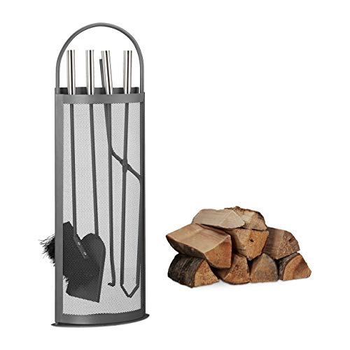 Relaxdays Set de Utensilios de Chimenea Elegante, Acero Inoxidable, Negro, 66 x 23 x 15 cm, 5 Unidades, 15x23x66 cm