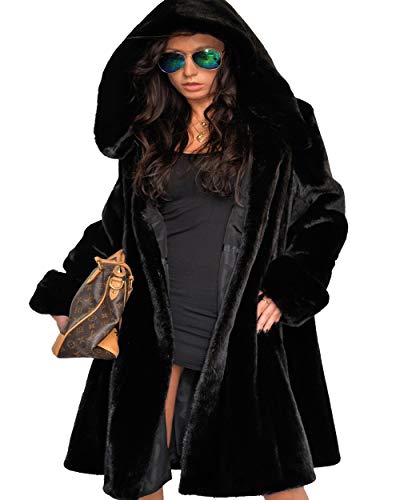 Roiii Abrigo de invierno de lujo para mujer, de piel sintética de visón, talla grande, con capucha - negro - XXL