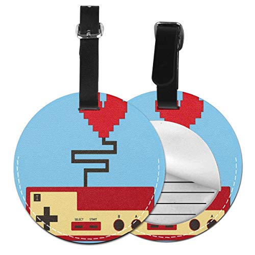 Round Travel Luggage Tags,Pixel Art Style Heart Connected To A Controller with Simplistic Design,Leather Baggage Tag