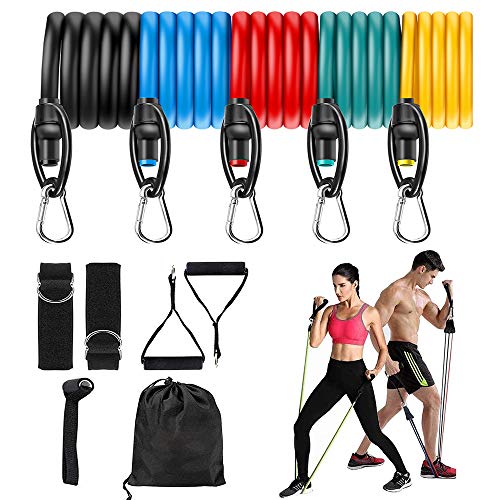 Set de Bandas de Resistencia 11 piezas,Kit de Bandas para Entrenar con 5 tubos/Cubierta Protectora/Manijas/Ancla de Puerta/Correas de Tobillo/Bolsa de Transporte, Adecuado para Fitness, Fuerza,Yoga