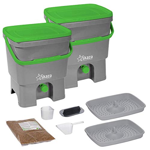 Skaza Bokashi Organko Set (2 x 16 L) Compostador 2X de Jardín y Cocina de Plástico Reciclado | Starter Set con EM Bokashi Polvo 1 Kg. (Gris-Verde)