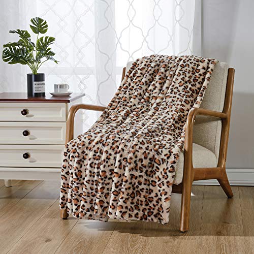 softan Manta De Cama De Piel Sintética Estampado De Leopardo, Manta Reversible Suave y Esponjosa De Lana De Visón, Lavable a Máquina, Beige, 150cm×200cm