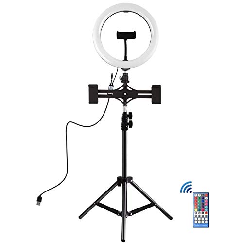 Soporte de cámara for trípode + de doble Teléfono Soportes Horizontal Holder + Anillo vlogging Vídeo Kits de Transmisión en vivo de luz RGBW LED (Negro) (Color: Negro) 1yess (Color : Black)