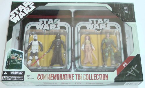 Star Wars Episode VI 6 Collectible Tin Action Figure Set RETURN OF THE JEDI with 4 Action Figures: Biker Scout Trooper, Darth Vader, Princess Leia Ewok, Rebel Commando