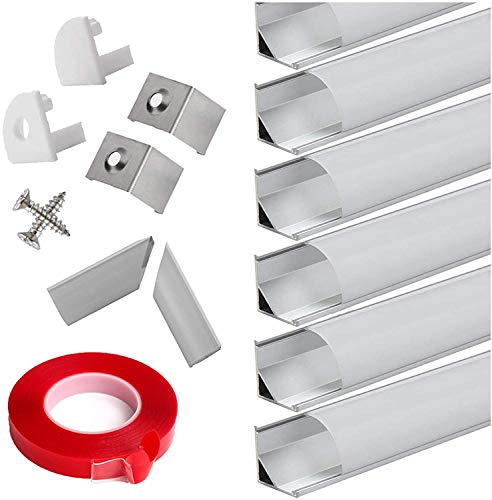 StarlandLed Perfil de Aluminio, 6x100cm Perfil de Aluminio LED para Luces de Tira del LED con Cubierta Blanca Lechosa, Los Casquillos de Extremo y los Clips de Montaje del Metal-Plata …