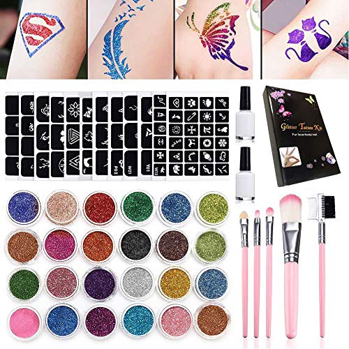 SunTop Kit de Tatuajes, Temporales Tatuaje de Brillo con 24 Brillos, 120 Plantillas de Tatuaje, 5 Pinceles, 2 Pegamentos, Tatuaje de Brillo para el Cuerpo Brillos de Tatuaje