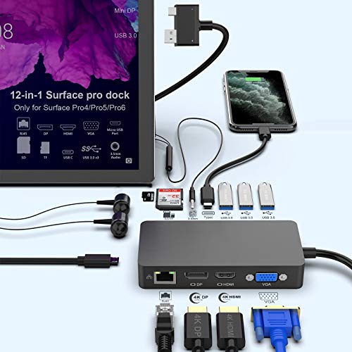 Surface Pro Dock para Surface Pro 4 / Pro 5 / Pro 6 USB Hub Docking Station con puerto Gigabit Ethernet,4K HDMI VGA DP Display Port, 3xUSB 3.0 Ports, Audio Out Port, USB C Port, SD / TF Card Reader