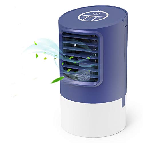 TedGem Ventilador Aire Acondicionado Portatil, Aire Acondicionado Pequeño Air Cooler, 4 en 1 Enfriador de Aire, Ventilador Humidificador, 7 Luces LED, 3 Velocidades, para el Hogar y la Oficina (Azul)