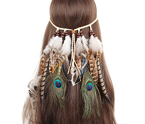 TININNA Diadema para el pelo de Pavo real Pluma Venda indio Hippie Bohemia Banda para el cabello Tocado Tribal Accesorios para el cabello-Color 1#
