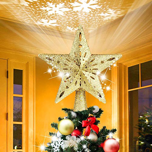 Topper de árbol de Navidad con Luces Proyector Topper de árbol de Navidad iluminado Brillo LED con Decoración Proyección de Nieve, Adorno para árbol de Navidad - Dorado