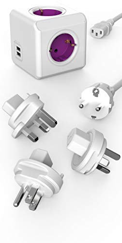 Travel-Cube ReWirable DuoUSB, ladrón con 4 enchufes y 2 de USB (2.1A), regleta de Viaje con Cable Schuko (DE/ES/FR) y 3 adaptadores para UK USA AUS, Magenta/Blanco