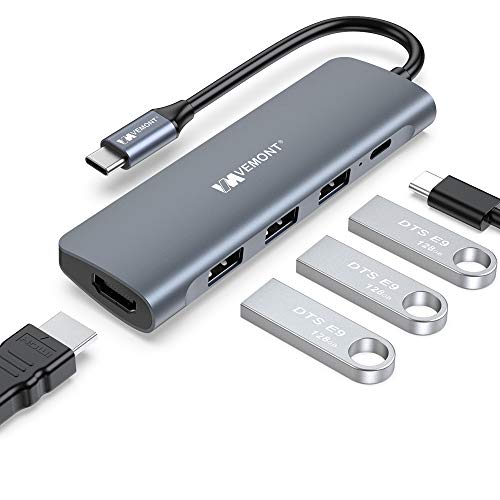 VEMONT Hub USB C, 5 en 1 Aluminio Type C Hub Adaptador de Tipo C a HDMI 4K con 3 Puertos USB 3.0, 100W PD Carga Rápida, Compatible para MacBook Air/Pro iPad XPS y más Dispositivos USB C