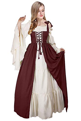 Vestido sin Hombros con Manga Abocinada Medieval Renaissance Ropa con Volantes Vintage para Mujer, L