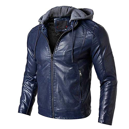 Wangjie - Chaqueta de piel sintética para hombre de invierno de forro polar grueso desmontable de cuero de la PU chaqueta de los hombres de la motocicleta Outwear abrigos Azul azul XXL