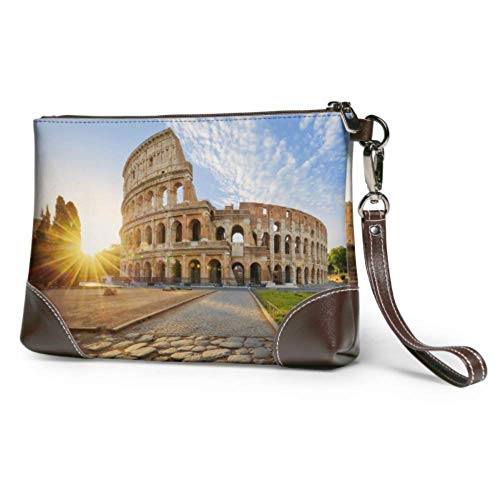 XCNGG Bolso de mano de cuero de muñeca suave impermeable famoso Coliseo en Roma Italia Cartera de mano para mujer con cremallera para mujeres y niñas