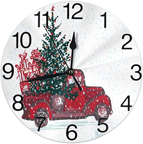 XXSCXXSC Reloj de Pared Camión Rojo con Abeto Blanco Nevado Reloj de Pared Redondo Silencioso Sin tictac Funciona con Pilas