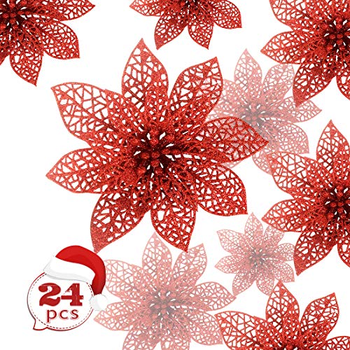 Zaloife Poinsettia Adorno, 24 Brillante Flores de Árbol de Navidad Colgantes Navidad Adornos, Flores de Navidad Boda, Artificial Árbol de Navidad Guirnaldas, Decoración de Árbol de Navidad (Rojo)