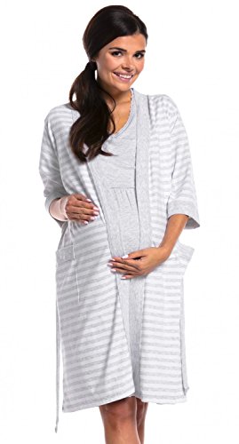 Zeta Ville - Premamá camisón Set Bata Embarazo Lactancia de Rayas - Mujer - 190c (Mezcla De Grises, 42-44, XL)