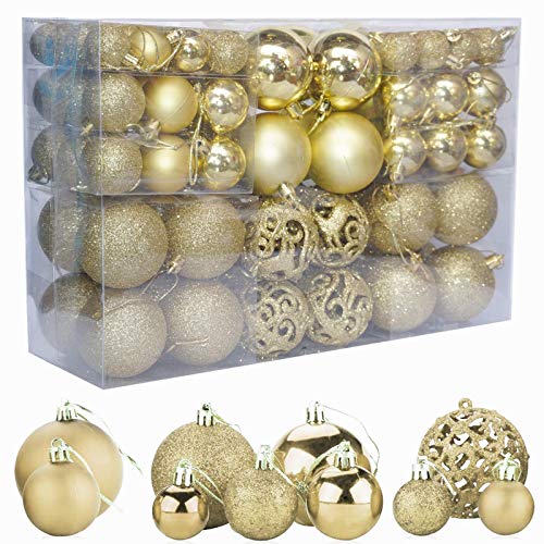 ZFYQ 100Pcs Bolas de Navidad, Juego de Adornos para Colgar Decorativos para Decoración Navideña de Arboles de Navidad, Oro