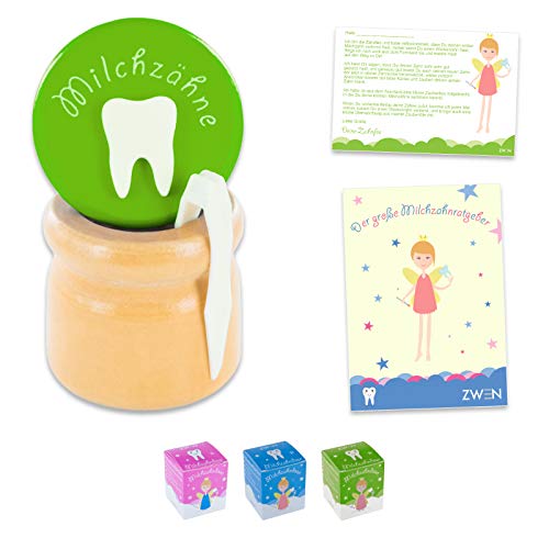 ZWEN Caja para dientes de leche de madera con tapa de rosca, pinzas y carta para dientes de leche, libro electrónico (idioma español no garantizado), para niñas y niños (verde)