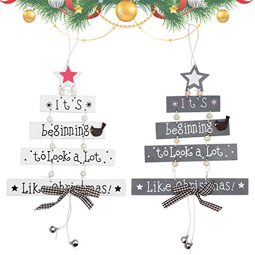 2 Piezas de Decoración colgante de puerta de Navidad de madera Letra Colgante de Navidad en Forma de Árbol Blanco gris Decoración navideña de madera con Campanas para puerta de árbol de Navidad