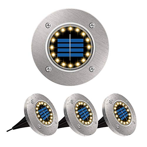 4Pcs Luces de Tierra Solares, POWERAXIS Luz Exterior Solar Luces de Piso 16 LED Luces Solares de Jardín Piso Exterior IP65 Impermeable LED Lámpara Solar de Exterior, Blanco Cálido