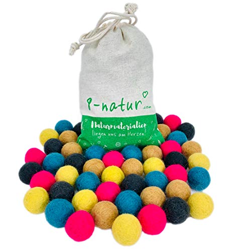 8-Natur Mezcla de colores de 50 bolas de fieltro de 2,2 cm de grosor de pura lana de merino para manualidades de guirnaldas, móviles y alfombra de bolas de fieltro o simplemente para decoración.
