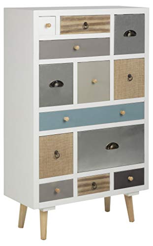 AC Design Furniture Cómoda Suwen Cajones Multicolores, Patas de Pino, lacado Transparente, 13 Piezas, Blanco, 70 x 30 x 114 cm