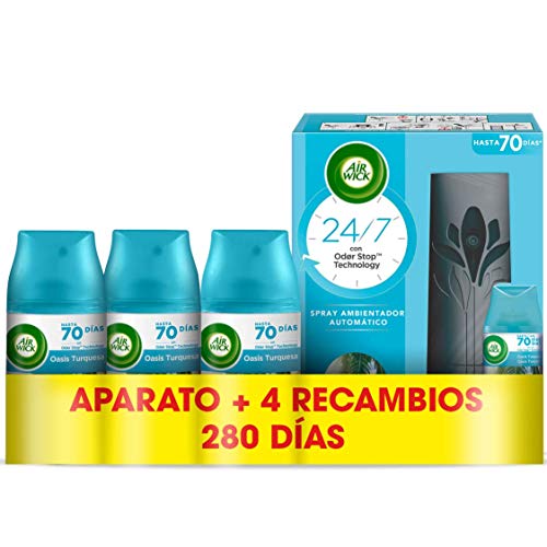 Air Wick Freshmatic - Aparato y Recambios de ambientador spray automático, esencia para casa con aroma a Oasis Turquesa - 1 aparato y 4 recambios Air Wick Freshmatic - Aparato y Recambios de ambientador spray automático, esencia para casa con aroma a Oasis Turquesa - 1 aparato y 4 recambios