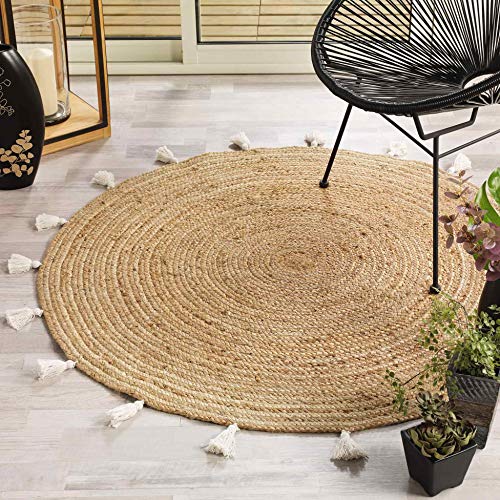 Alfombra Decorativa Redonda (0) 120 cm Yute Liso + Pompones de Camiseta Blanca Alfombra Decorativa Redonda (0) 120 cm Yute Liso + Pompones de Camiseta Blanca
