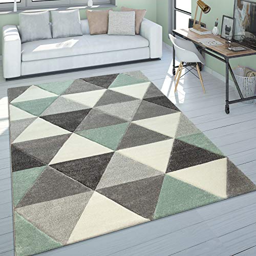 Alfombra Salón Verde Gris Tonos Pastel Pelo Corto Diseño Retro Motivo Triángulos, tamaño:80x150 cm Alfombra Salón Verde Gris Tonos Pastel Pelo Corto Diseño Retro Motivo Triángulos, tamaño:80x150 cm
