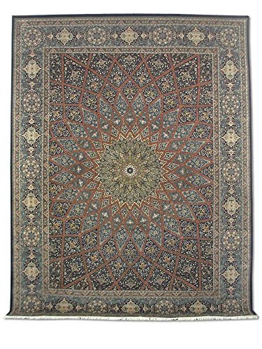 Alfombra tradicional persa hecha a mano, lana/seda (puntos destacados), azul oscuro medianoche, grande, 270 x 363 cm, 8' 10" x 11' 11" (pies)